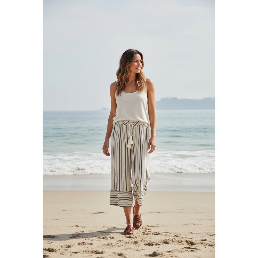 Soft Surroundings Wide Leg Crop Striped Pull On Pants Sz L Boho Resort Vacation